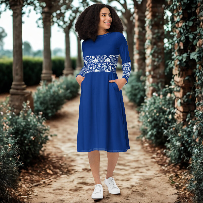 Blue Lace Belt Pattern Midi Dress