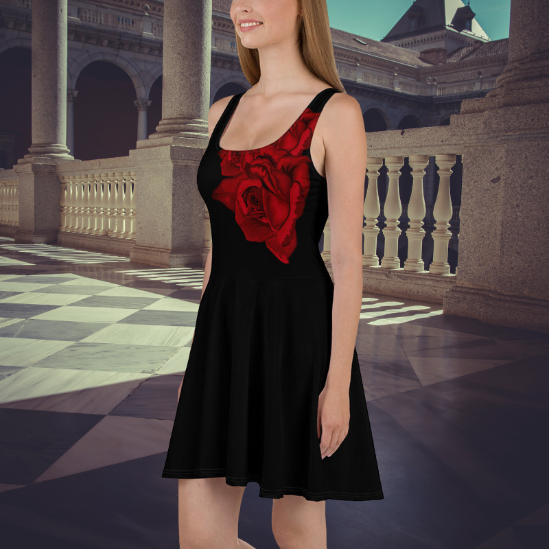 Black Designer Rose Skater Dress
