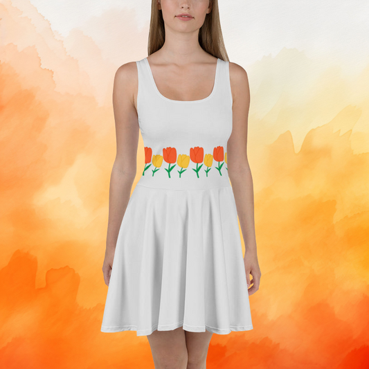 Silver Grey Tulip Belt Pattern Skater Dress