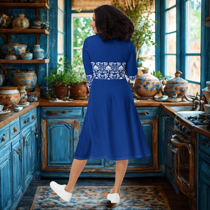 Blue Lace Belt Pattern Midi Dress