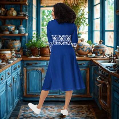 Blue Lace Belt Pattern Midi Dress