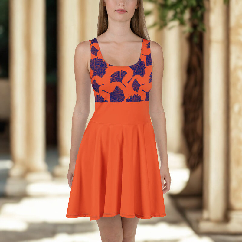 Orange Printed Top Style Skater Dress