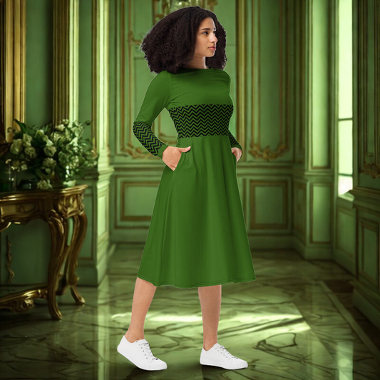 Green Belt Pattern Midi Dress