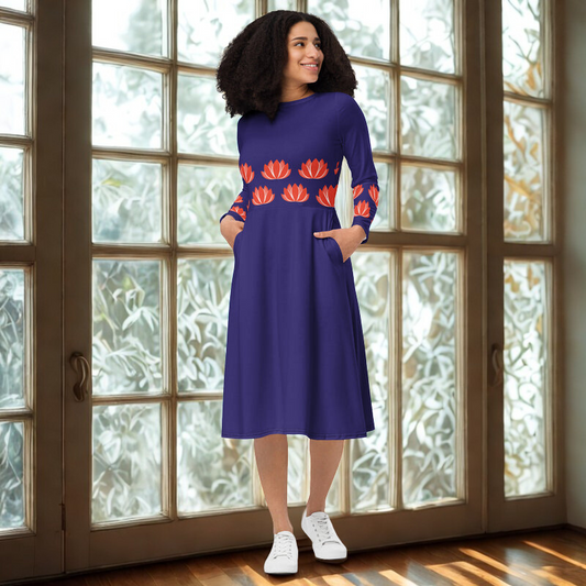 Purple Lotus Belt Pattern Midi Dress
