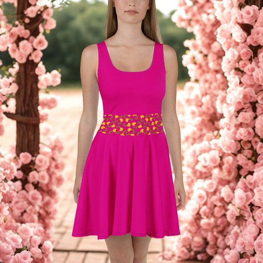 Hot Pink Belt Pattern Skater Dress