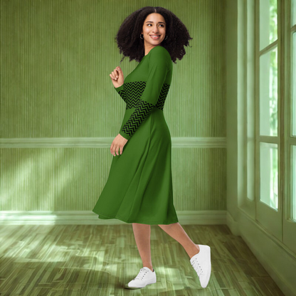 Green Belt Pattern Midi Dress