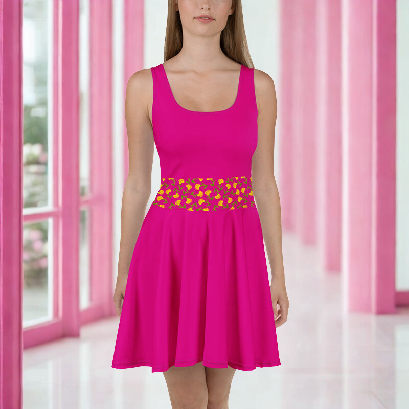 Hot Pink Belt Pattern Skater Dress