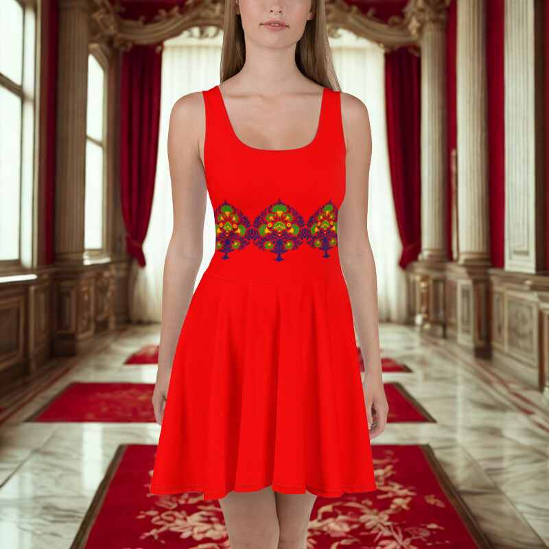 Red Motif Belt Pattern Skater Dress