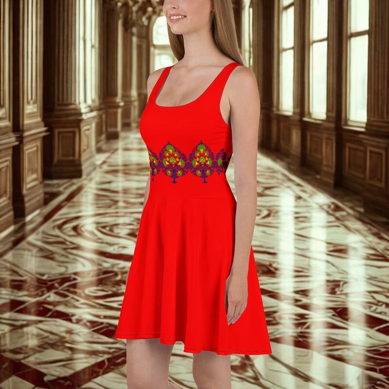 Red Motif Belt Pattern Skater Dress