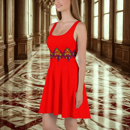 Red Motif Belt Pattern Skater Dress