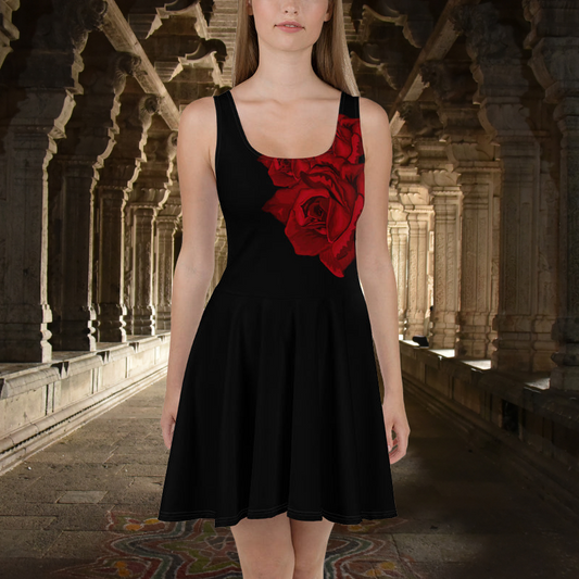 Black Designer Rose Skater Dress