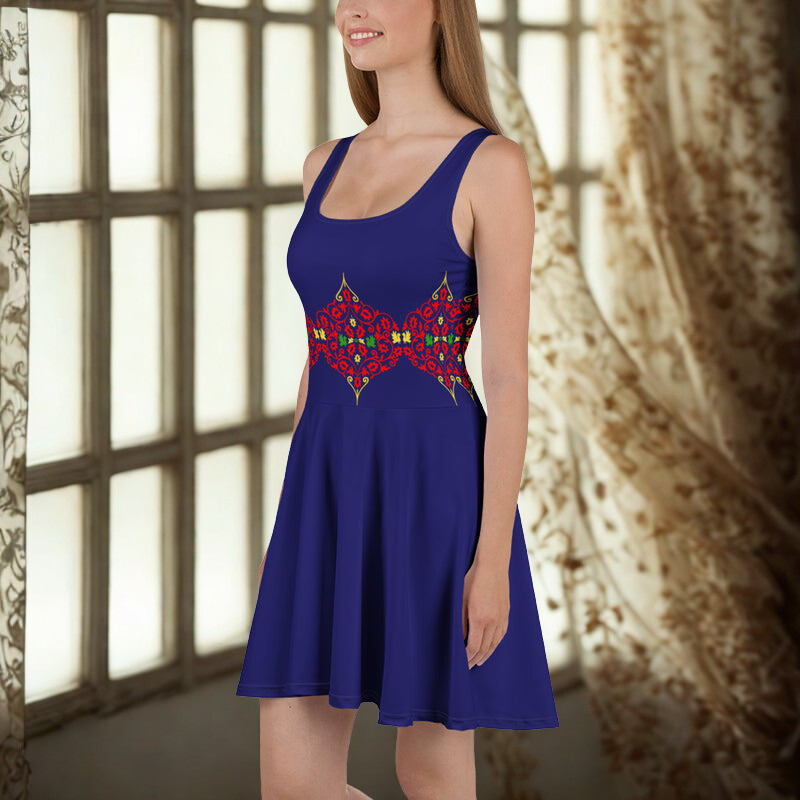 Royal Blue Motif Belt Pattern Skater Dress