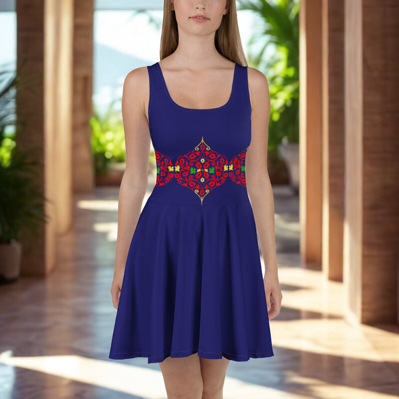 Royal Blue Motif Belt Pattern Skater Dress