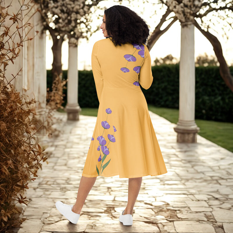 Peach Midi Dress with Light Purple Flowers