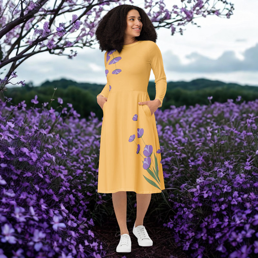 Peach Midi Dress with Light Purple Flowers