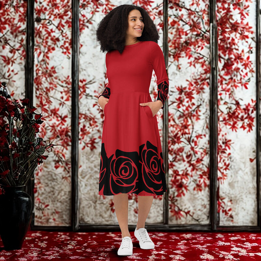 Red Designer Midi Dress with Black Roses