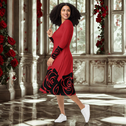 Red Designer Midi Dress with Black Roses