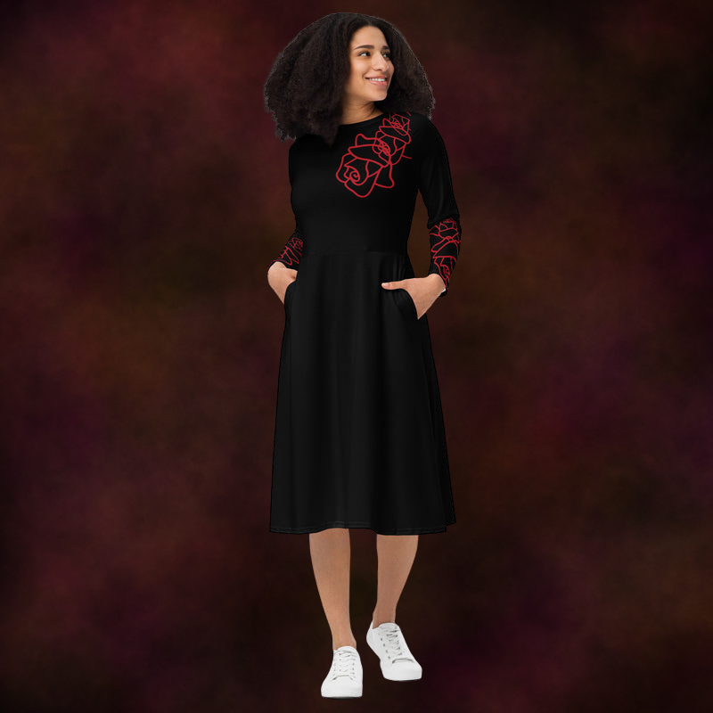 Black Simple Rose Outline Midi Dress