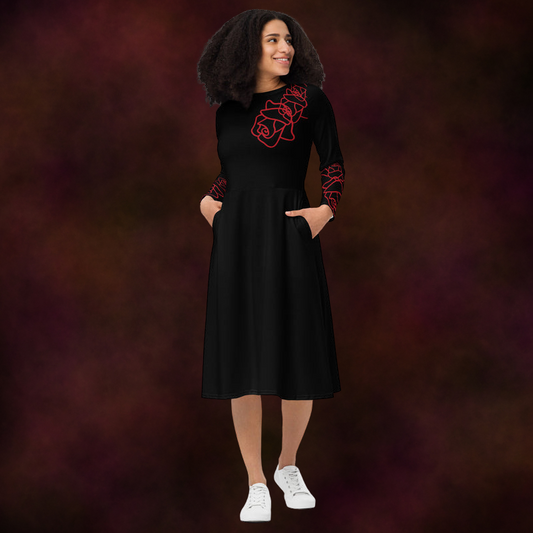 Black Simple Rose Outline Midi Dress