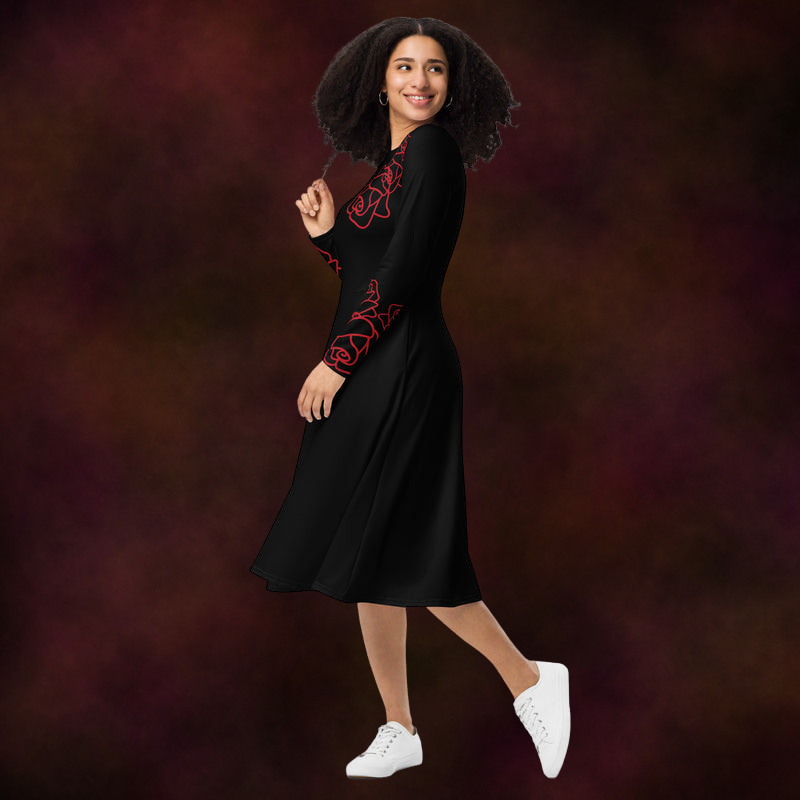 Black Simple Rose Outline Midi Dress