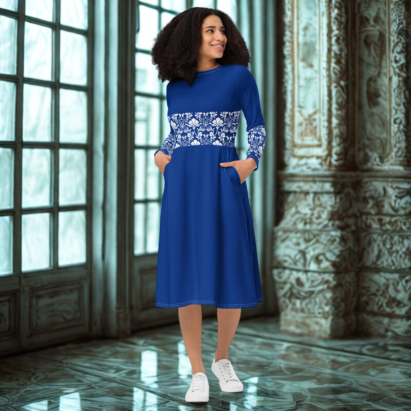 Blue Lace Belt Pattern Midi Dress