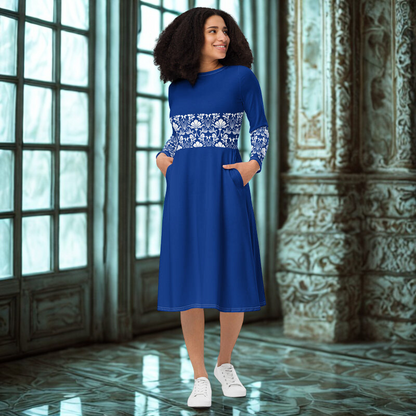 Blue Lace Belt Pattern Midi Dress