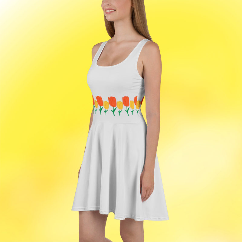 Silver Grey Tulip Belt Pattern Skater Dress
