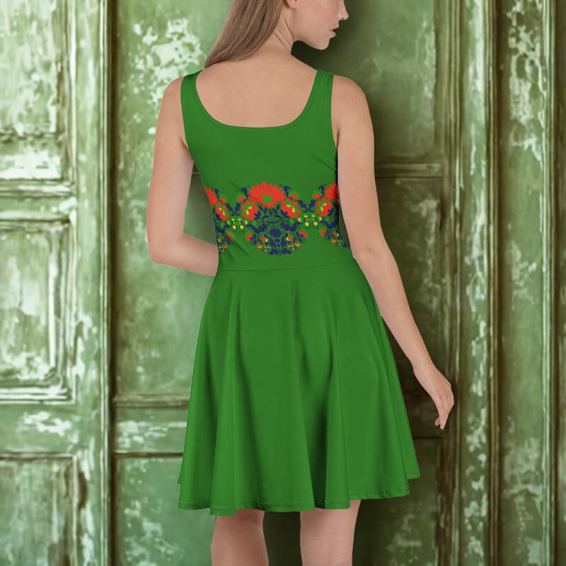 Green Motif Belt Pattern Skater Dress