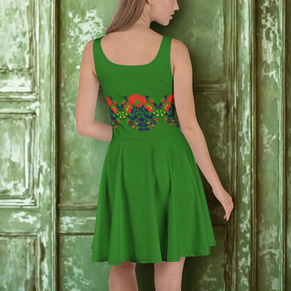 Green Motif Belt Pattern Skater Dress