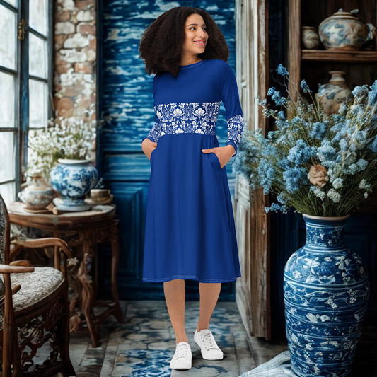 Blue Lace Belt Pattern Midi Dress